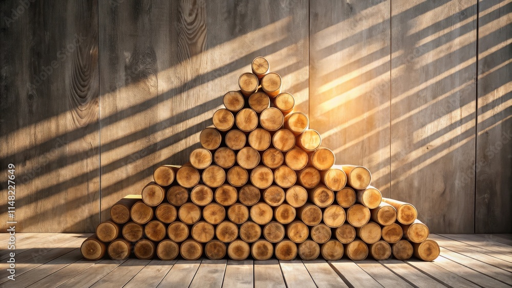 Aufkleber Sunlight Illuminates a Stack of Wooden Logs Arranged in a Triangular Pyramid Against a Rustic Wooden Wall
