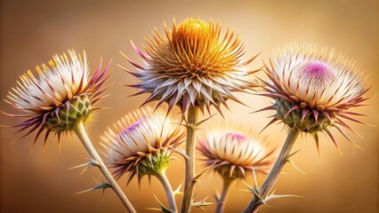 Obraz premium Golden Hour Thistle Blooms A Close-Up Study of Delicate Spines and Soft Petals