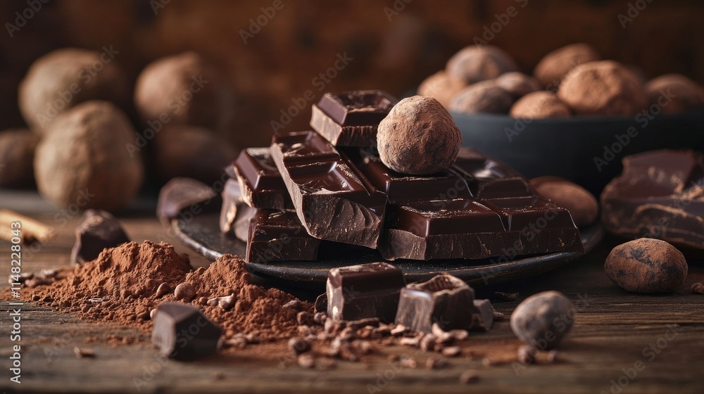 Poster indulgent dark chocolate collection on rustic wooden table with cocoa beans and cocoa powder, perfec
