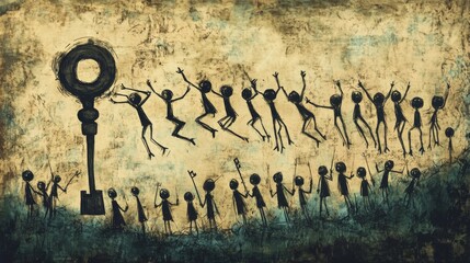 illustration of windup key men manipulation, abstract surreal concept