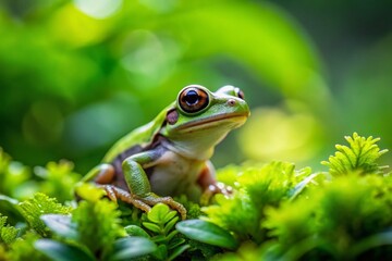 Obraz premium Minimalist Frog Forest Photography: Tiny Amphibian in Nature, Green Forest Scene, Simple Nature Image, Small Frog Macro