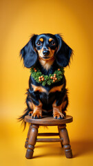 Dachshund sitting on stool wearing Christmas collar.