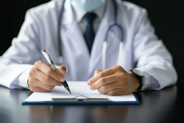 A healthcare professional in a white coat writes notes on a clipboard, emphasizing medical documentation and patient care.