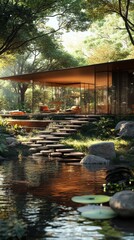 Obraz premium Modern house nestled in lush greenery, steps leading to tranquil pond.