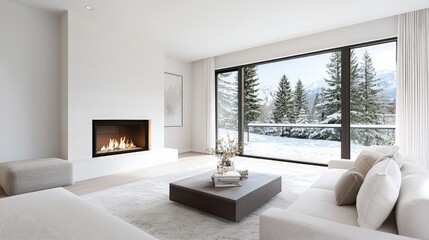 Fototapeta premium Modern minimalist living room interior with a burning fireplace and a large window overlooking a snowy winter forest.