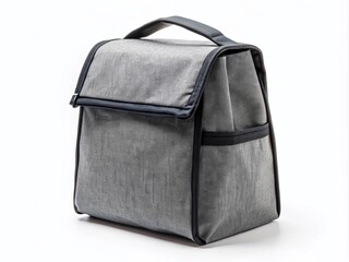 Fototapeta premium Minimalist Grey & Black Lunch Bag, Side View, White Background - Stylish Food Carrier