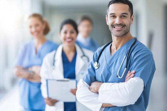 A team of healthcare professionals smiles confidently in a hospital setting, showcasing their dedication to patient care and teamwork.