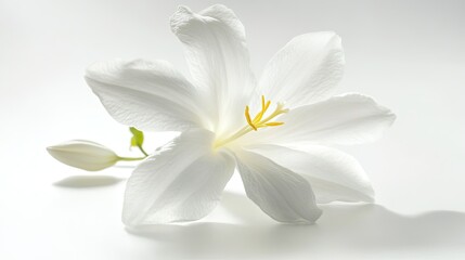Elegant White Flower on Soft Background with Delicate Petals and Vibrant Yellow Stamens Bringing a Touch of Natural Beauty and Serenity to Any Design or Project