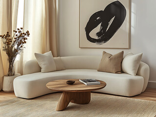 Round accent wooden coffee table against beige fabric corner stylish sofa, Minimalist living room, neutral color palette, white curved sectional sofa, textured wall art