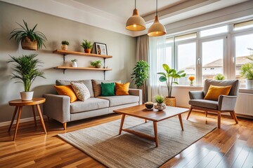 Fototapeta premium Minimalist Home Photography: Simple Interior Design, Cozy Living Room, Modern House, Clean Lines, Scandinavian Style, White Walls, Natural Light, Home Decor, Geometric Shapes
