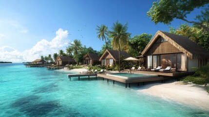 Tropical beach resort with overwater bungalows, private pools, and clear turquoise water.