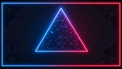 Futuristic Neon Triangle Design with Blue and Pink Glowing Lights in a Digital Abstract Background 