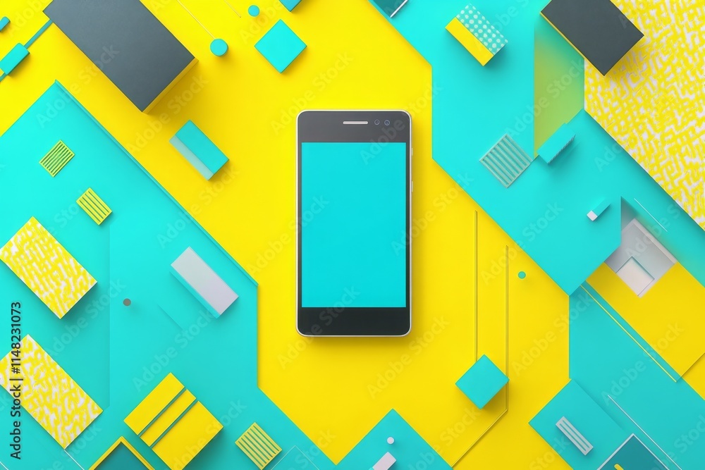 Aufkleber vibrant geometric background with smartphone displaying blank screen on top of colorful shapes and a
