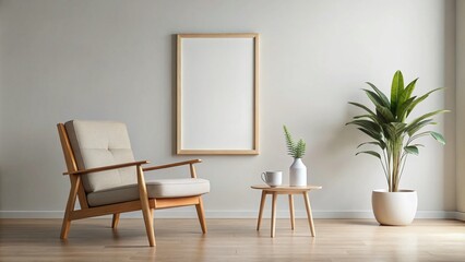 Minimalist Living Room Mockup: Empty Frame, Wooden Armchair, Vase, Modern Interior Design