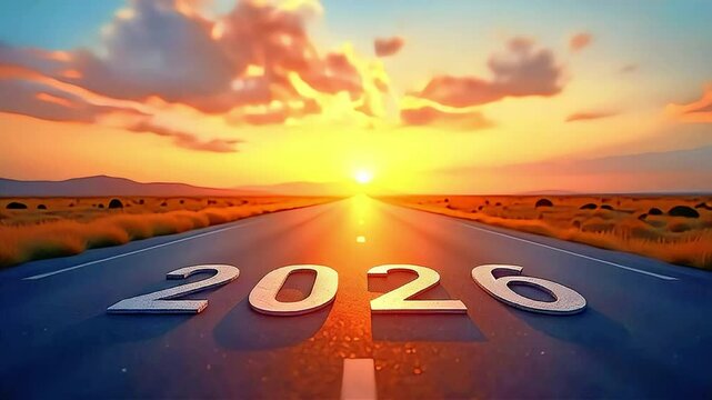 2026 number asphalt empty road with sunrise for new year