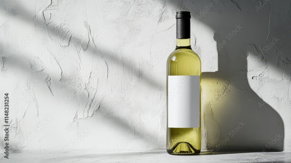 Poster elegant white wine bottle with blank label, soft shadows and textured background creating a modern a