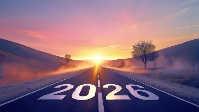 2026 number asphalt empty road with sunrise for new year