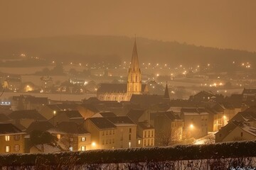 Obraz premium Snowy evening lights over historic town winter landscape aerial view serene atmosphere charming scene