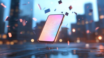 Futuristic smartphone levitating in city, digital particles.