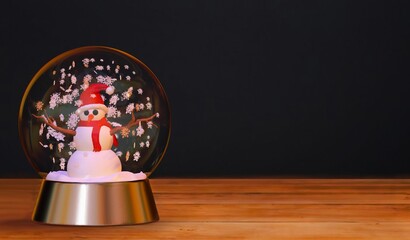 Snowman in the snow globe, happy new year background, Christmas concept. 3d rendering. 3D Illustration.