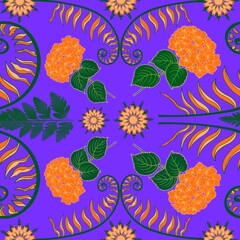 Orange bouquets and green leaves seamless repeating pattern on purple background.
