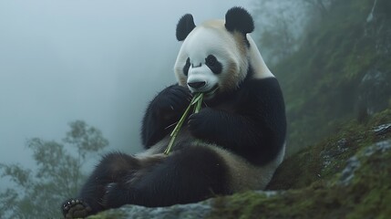 Obraz premium Panda eating bamboo in fog.