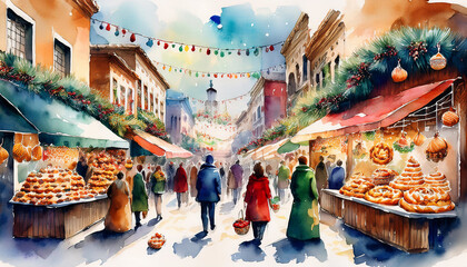 Obraz premium A festive street market with colorful bunting, Christmas trees, and stalls filled with pastries, bustling with people enjoying the holiday atmosphere