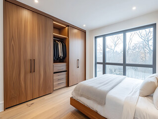 Wooden wardrobe with sliding doors in scandinavian, organized closet interior, men's suits hanging, shoe storage, recessed lighting, minimalist design