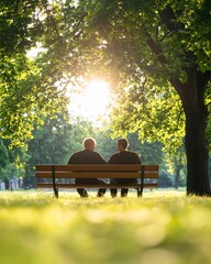 Two men sitting on park bench at sunset.
