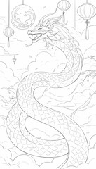 A majestic dragon coils through the clouds, surrounded by traditional lanterns and fireworks, symbolizing celebration and power