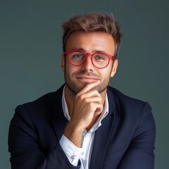 Handsome businessman contemplates question with hand on chin.
