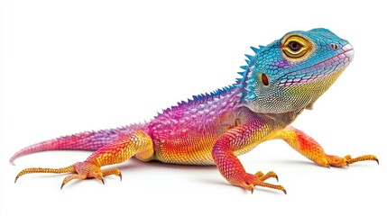 Vibrant Colorful Lizard with Bright Blue Head and Pink Body Posed on White Background, Showcasing Its Unique Patterns and Textures in Fine Detail