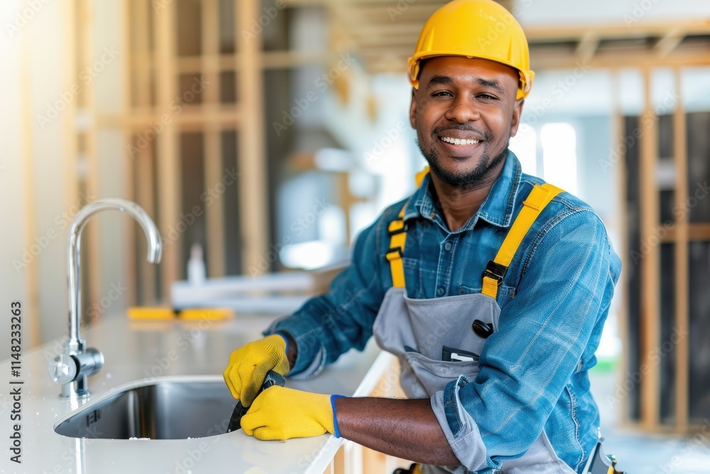 Poster a smiling worker in a hard hat and gloves installs a sink in a construction environment.
