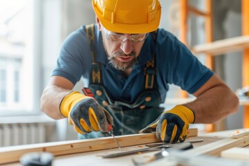 A focused worker in a yellow hard hat meticulously measures wood on a construction site, showcasing craftsmanship and attention to detail.