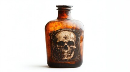 Vintage amber glass bottle with a creepy skull design, perfect for Halloween decorations or horror-themed party supplies and unique collectibles in home decor