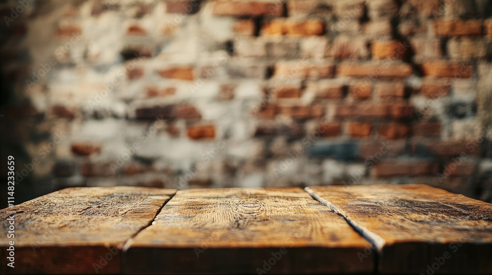 Aufkleber rustic wooden table with a blurred brick wall background creating an inviting atmosphere for photogr