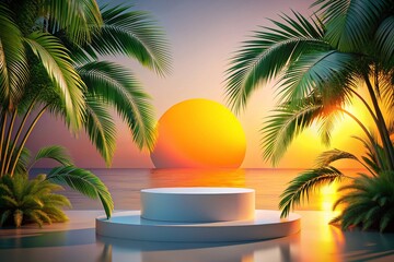 Fototapeta premium Minimalist Product Display Podium 3D Render, Palm Tree Background, Landscape Photography