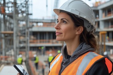 A confident female construction worker is examining her smartphone while overseeing a bustling construction site, highlighting the blend of technology and labor in modern building.