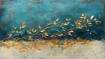 Abstract teal and gold textured painting with golden branch and teal crystals.
