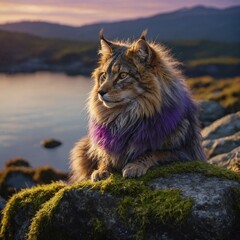 Fototapeta premium A mystical creature with shimmering purple and gold fur, curled claws resting on a moss-covered stone near a serene lake at sunset.
