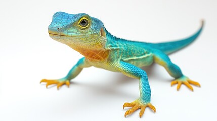 Naklejka premium Vivid Blue Green Lizard with Detailed Scales and Bright Yellow Claws Posing on a Clean White Background for Nature and Wildlife Themes