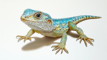 Naklejka premium Vibrantly Colored Lizard with Striking Blue and Green Scales Captured on a Neutral Background for Wildlife and Nature Photography Enthusiasts