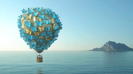 A hot air balloon made entirely of shimmering blue and gold butterflies, gently floating over a serene ocean with a jagged mountain in the distance under a cloudless sky.
