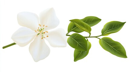 White flower with delicate petals and green leaves on a branch, representing beauty, nature, and tranquility in a serene composition for artistic and botanical use.