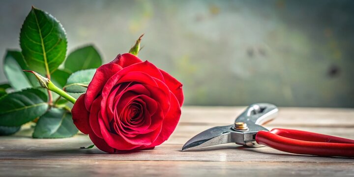 Minimalist Rose Pruning: Red Rose, Sharp Shears, Garden Still Life Photography