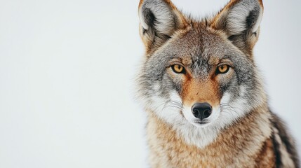 Obraz premium Striking Portrait of a Coyote in a Snowy Landscape Capturing the Wild Essence of Nature with Intense Golden Eyes and Fluffy Fur Against a Soft Background