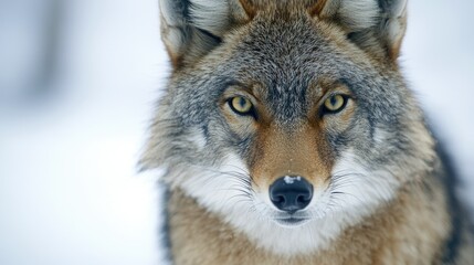 Obraz premium Majestic Close-Up of a Wild Coyote with Intense Gaze Staring at the Camera Amidst a Snowy Landscape Showcasing Its Natural Beauty and Wilderness Habitat