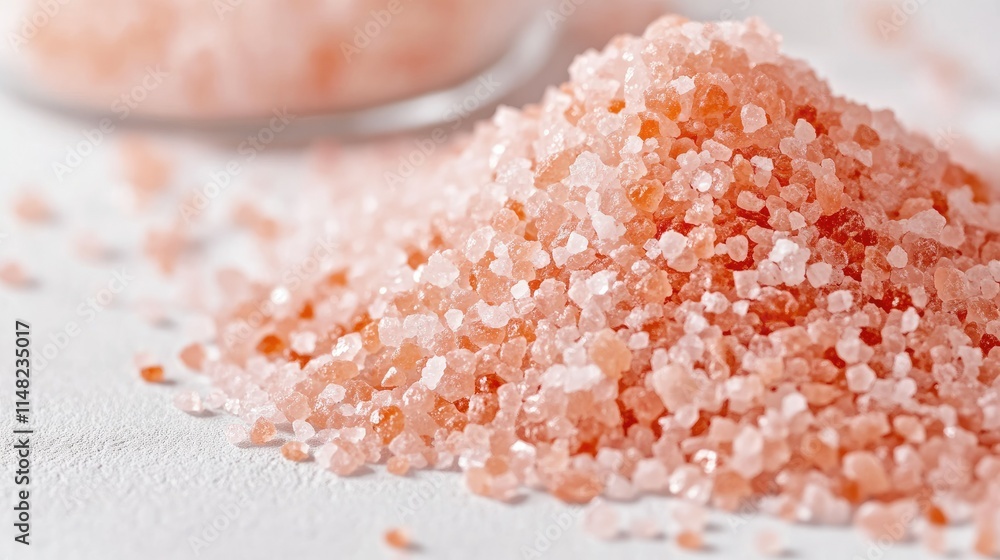Poster close-up view of pink himalayan salt crystals piled on a white surface with a soft background highli