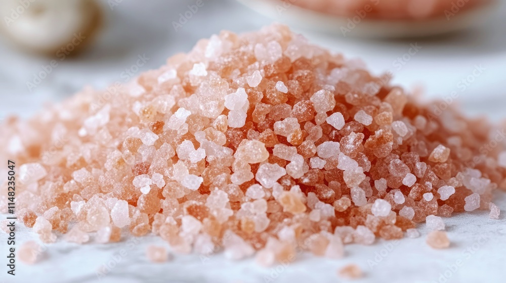 Poster close-up view of a pile of pink himalayan salt on a marble surface highlighting its unique texture a