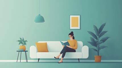Person on white sofa reading book, minimalist interior. Side table with plant, blue pendant lamp in clean illustration style, flat vector art with simple shapes, cozy living room scene.